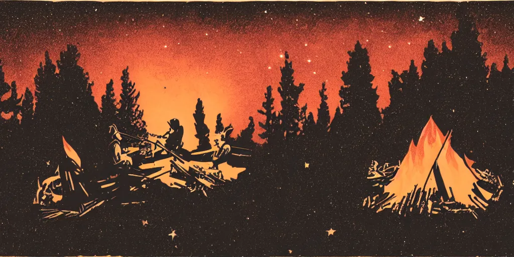 Prompt: a campfire under the stars, 1940s faded risograph print, illustration, limited color palette, earthtones, double-exposure, astrophotography
