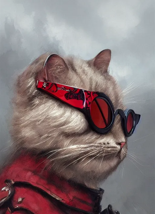 Prompt: a masterpiece portrait of a fantasy british longhair cat wear soldier clothes in war scene, wear ray - ban glass, red vibe, hyper realistic, concept art, intricate, hyper detailed, smooth, vibrant, by greg rutkowski