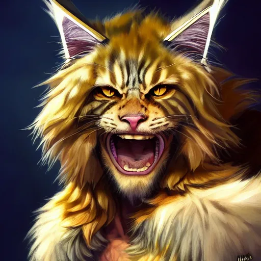 Image similar to portrait of a very cute fursona maine coon barbarian, muscular, wild, d & d, fantasy, intricate, full - length, cinematic lighting, highly detailed, digital painting, artstation, concept art, smooth, sharp focus, illustration, art by hajime sorayama