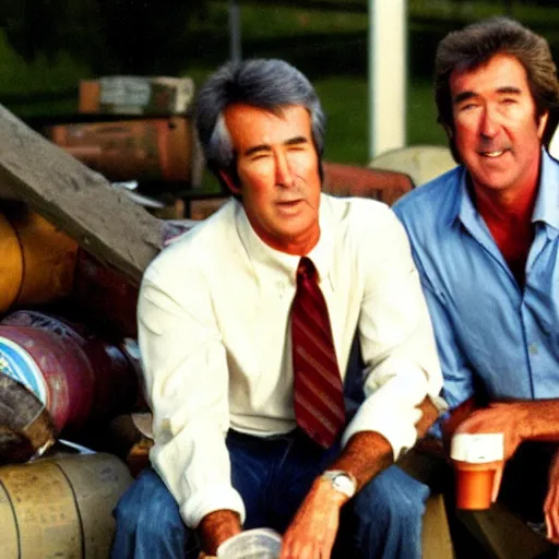 Image similar to randy mantooth with kevin tighe drunk, sitting by a dumpster drinking beer, many empty bottles lie around them