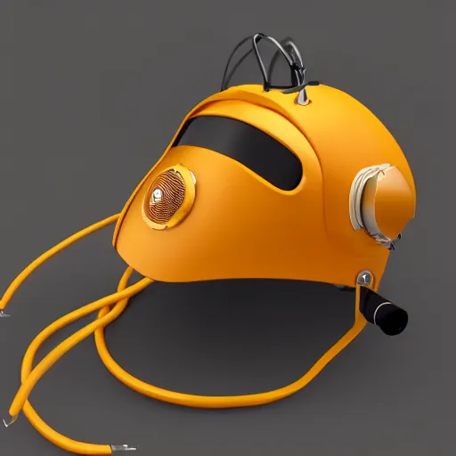 Image similar to hyper detailed boxcutter hard surface modelling rear view of yellow orange and gold astronaut helmet, arstation, cables wires, heart symbols, unreal engine 5