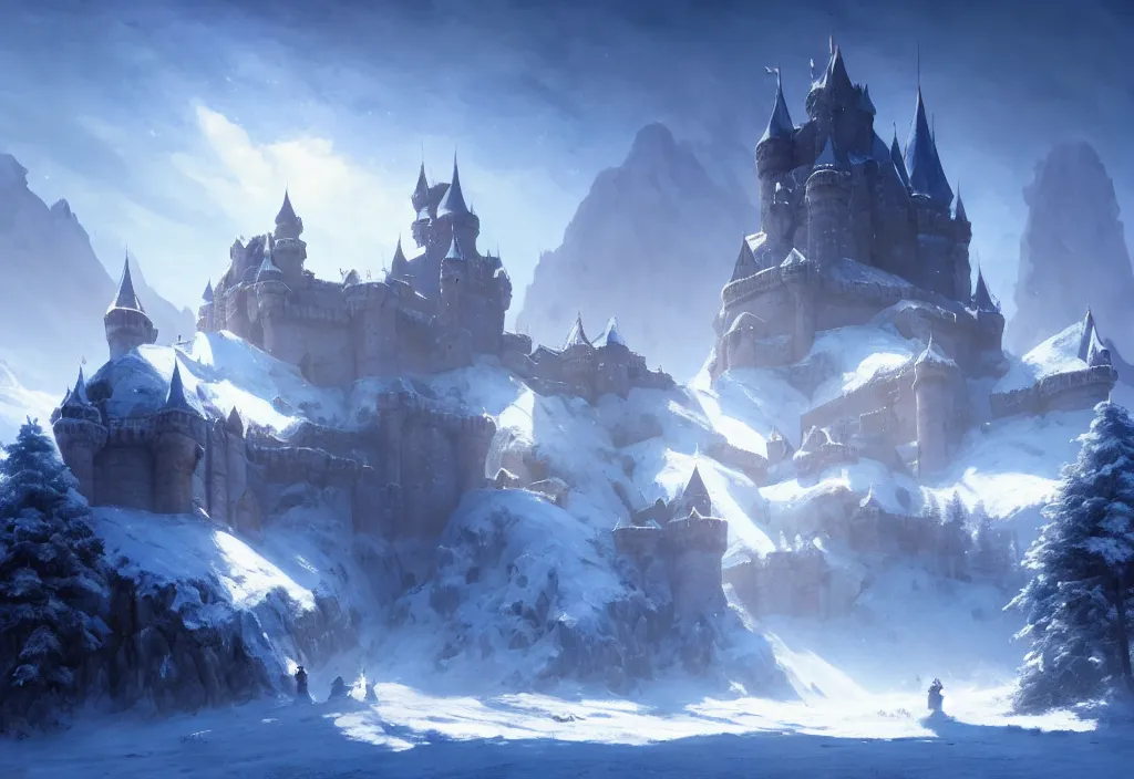 Image similar to large castle in between two mountains, covered in snow, epic blue sky, cinematic view, concept art, high detail, well lit, volumetric, godrays, vivid, trending on artstation, by jordan grimmer, art greg rutkowski