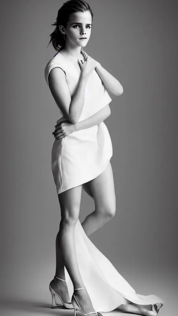Prompt: an extremely beautiful studio photo of emma watson wearing heels and wearing a white dress, in a white room, pale skin, bokeh, very very very very beautiful!, hard focus, full body shot, 9 0 mm, f / 1. 4