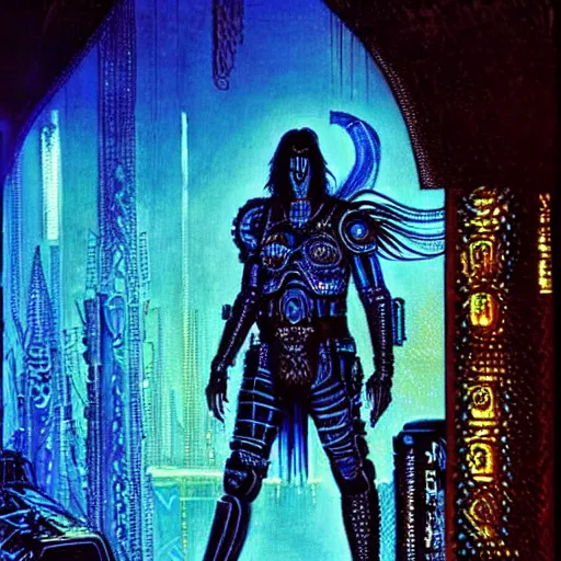 Image similar to keanu reeves as cyberpunk shiva knight, atmospheric lighting, painted, intricate, golden and blue hour, ultra detailed by philippe druillet