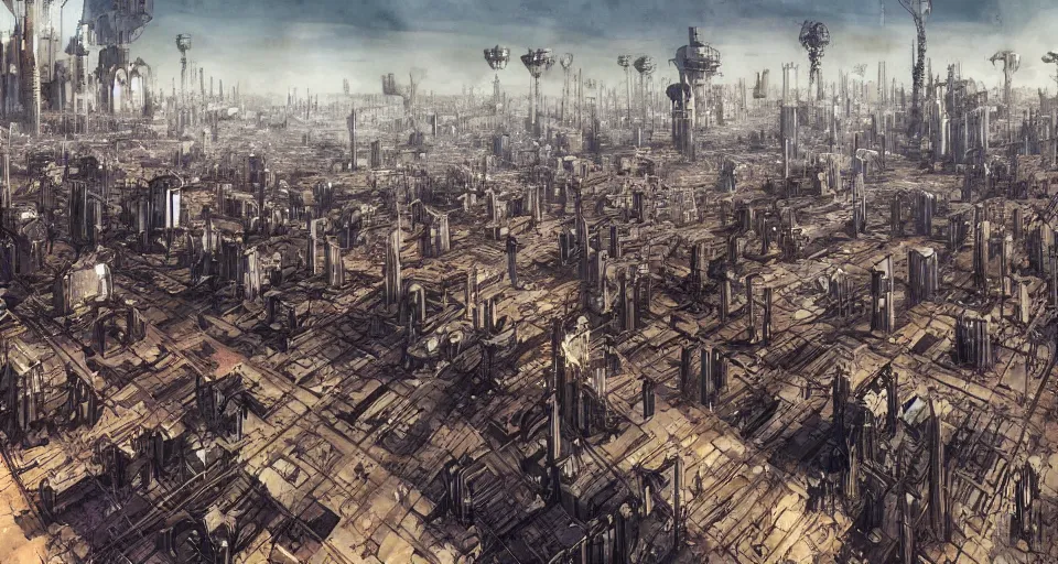 Image similar to view on futuristic city in the horizon, illustration by enki bilal, detailed, sharp, 8 k