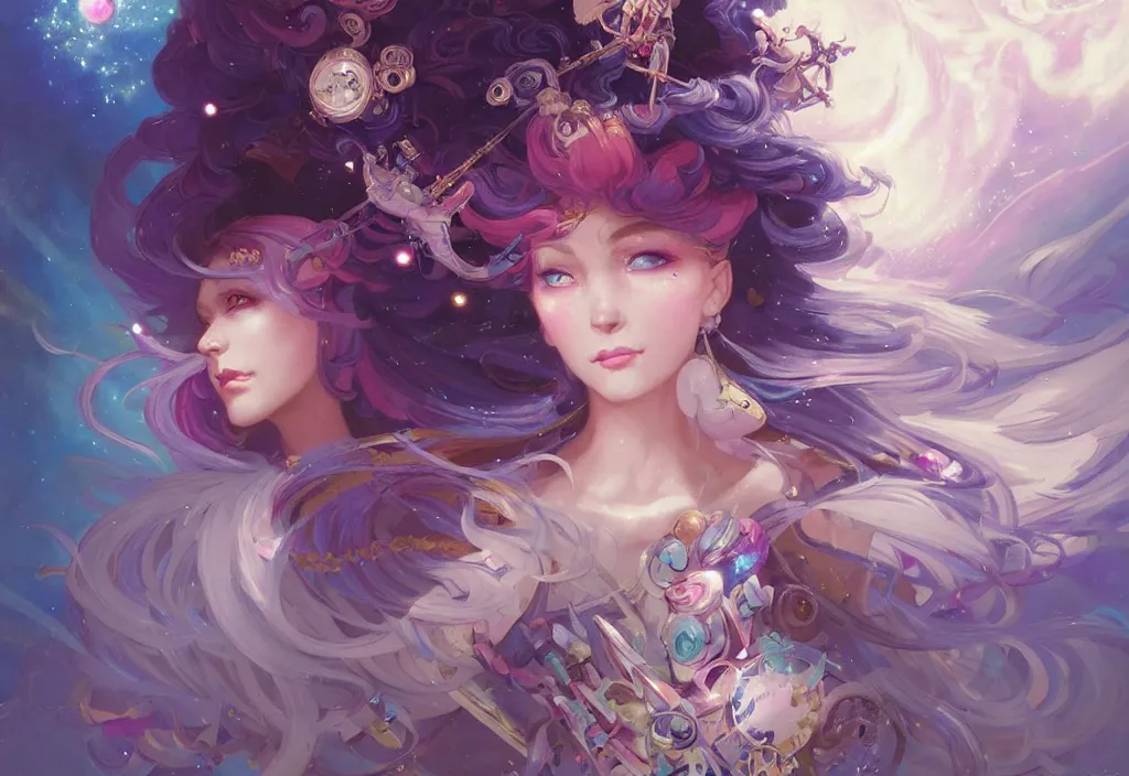 Image similar to close up picture of an maximalist dress magical girl, neat hair with bangs, smug face, extremely beautiful and aesthetic and detailed cute face and eyes, wipe out evils with cute astronaut familiar sprites, aming the magical beams to the camera, chiaroscuro, intricate, masterpiece, epic fantasy illustrations by peter mohrbacher and anato finnstark and jeremy lipking