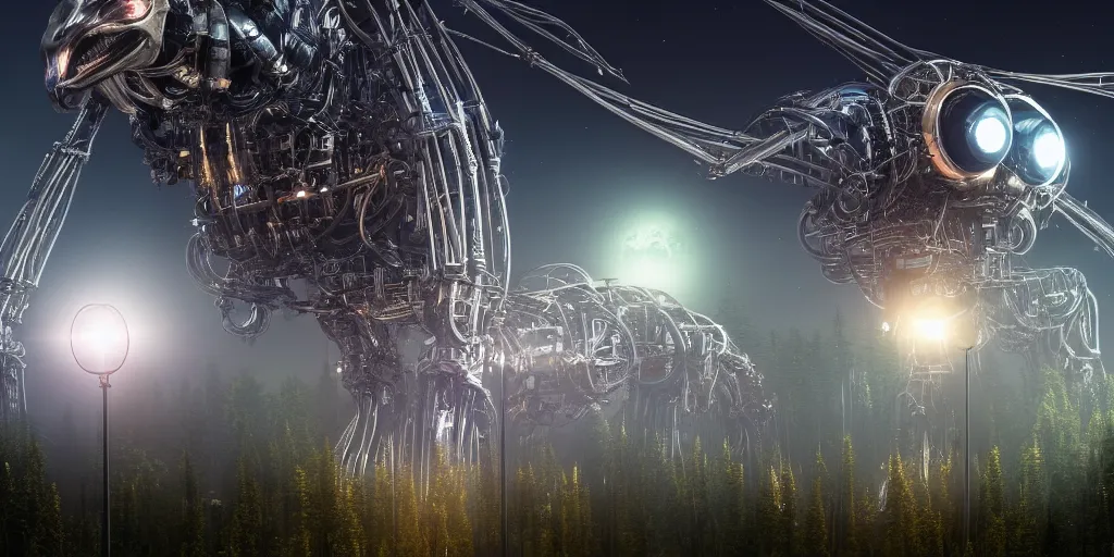 Prompt: giant glowing mechanical machine towering over alien forest, at night, ray tracing, refractive, award winning, trending on artstation, digital art. highly detailed 8 k. intricate. lifelike. soft light. nikon d 8 5 0.