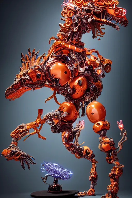 Prompt: full-body rococo and cyberpunk style sculpture of a young handsome Spanish prince half android with a chest exposing a glowing orange gem wearing high heel red boots, glowing pink laser eyes, crown of blue gears and giant diamonds, swirling salmon-colored silk fabric, robotic raptors dinosaurs. baroque elements. full-length view. intricate artwork by caravaggio. Trending on artstation, octane render, cinematic lighting from the right, hyper realism, octane render, 8k, depth of field, 3D