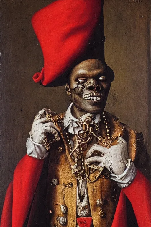 Image similar to portrait of baron samedi, oil painting by jan van eyck, northern renaissance art, oil on canvas, wet - on - wet technique, realistic, expressive emotions, intricate textures, illusionistic detail