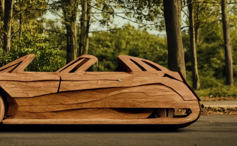 Image similar to car made of wood, luxury HD render, wooden sports car, luxury hardwood, half car half tree, intricate textures and leaves, cinematic shot, high budget advertisement, 4k