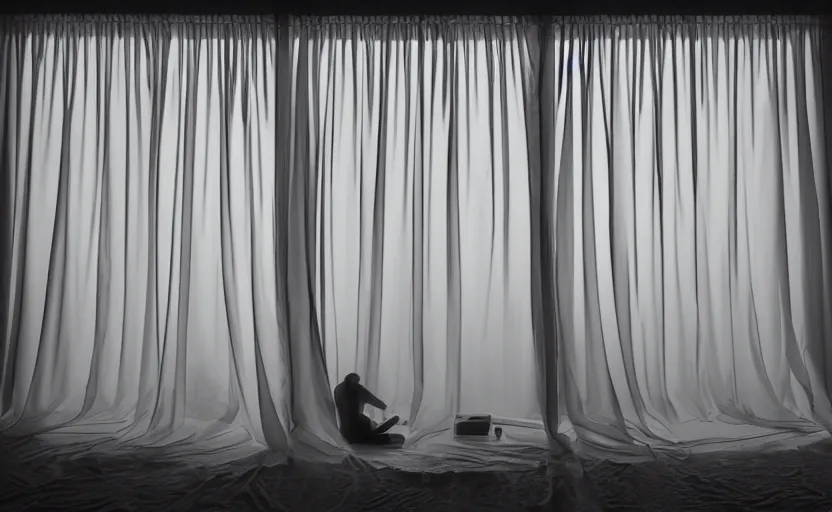 Image similar to A surveillance camera behind a pair of translucent curtains, with a two-headed female silhouette in the foreground, cinematic lighting, detailed, Fujifilm, dramatic