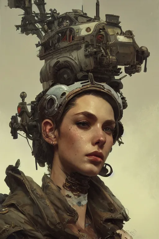 Image similar to A full portrait of a beautiful post apocalyptic tank driver, intricate, elegant, highly detailed, digital painting, artstation, concept art, smooth, sharp focus, illustration, art by Krenz Cushart and Artem Demura and alphonse mucha