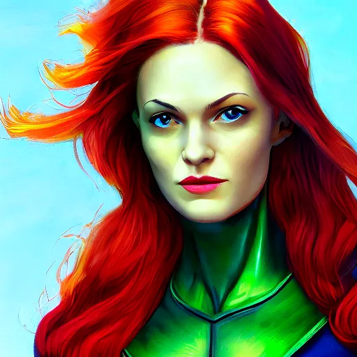 Image similar to jean grey, a half body portrait of jean grey, green eyes, red hair, phoenix, flames, flying, comic, x - men, highly detailed, artstation, symetry, digital painting, vivid colors, realistic shaded perfect face, soft lighting, atmospheric, cinematic, moody, in the style of alex ross, oil on canvas, 8 k