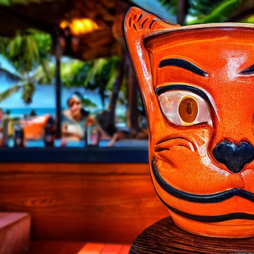 Image similar to a closeup photorealistic photograph of a glossy orange cat garfield style tiki mug sitting at a trader vic's beach bar featuring garfield's face. tiki theme. bright scene. fine detail. this 4 k hd image is trending on artstation, featured on behance, well - rendered, extra crisp, features intricate detail, epic composition and the style of unreal engine.