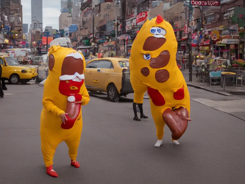 Image similar to Tim Robinson in a hot dog suit looking concerned, cinematic, film still, 8K High Definition