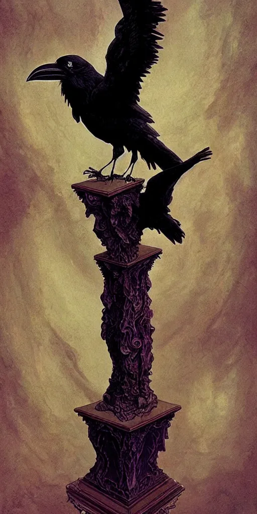 Prompt: raven perched on a bust of beautiful woman in a dark gothic room gothic, full frame, by wayne barlowe, peter mohrbacher, kelly mckernan, james o barr
