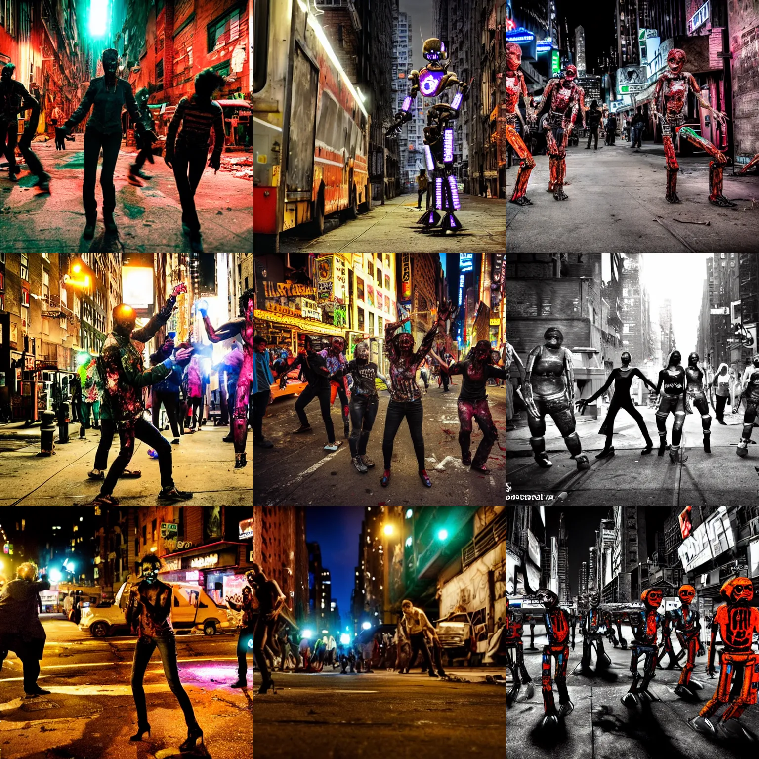 Prompt: <photo hd stunning dslr location='new york slums' lighting=vibrant>zombie robots dancing in the style of thriller</photo>