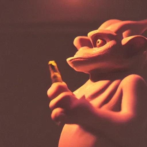 Image similar to a close up portrait of a goblin playing the flute, fireplace lighting, nighttime, kodak vision 5 0 0 t