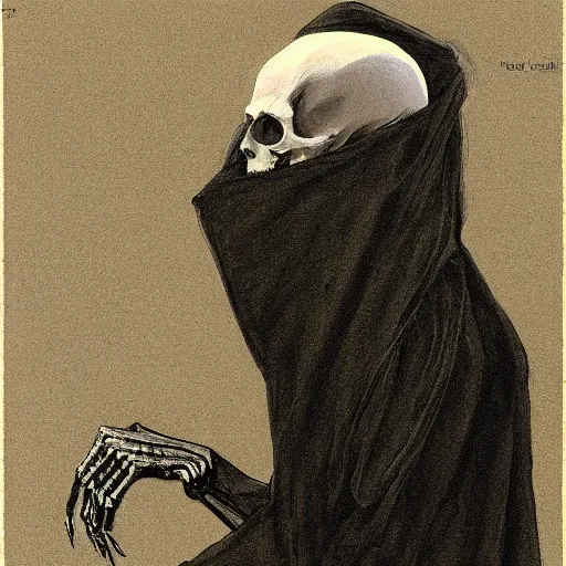 Prompt: portrait of death with hand extended, extreme hand detail, deep black robe, skeleton hand, by Maurice Sendak and Ilya Repin, artstation