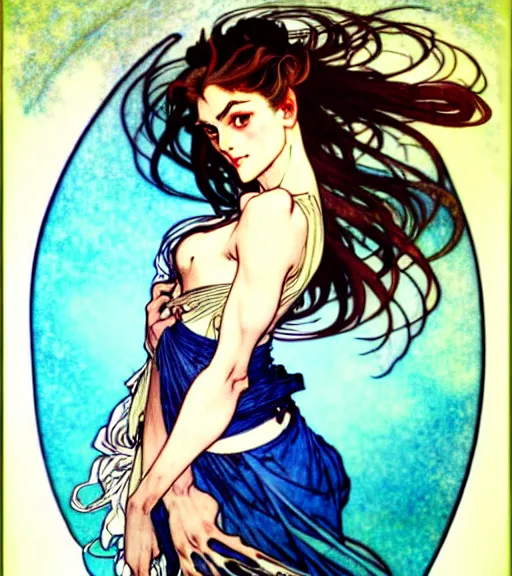 Image similar to in the style of artgerm, arthur rackham, alphonse mucha, phoebe tonkin, symmetrical eyes, symmetrical face, flowing blue skirt, hair blowing, full body, intricate filagree, hidden hands, warm colors, cool offset colors