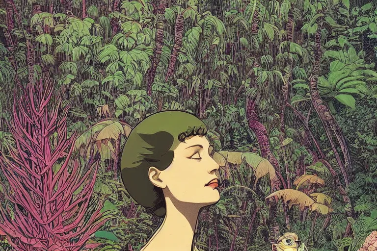 Prompt: gigantic woman head, a lot of exotic vegetation around, trees, flowers, risograph!, oldschool vintage sci - fi flat surreal design, super - detailed, painting by moebius and satoshi kon