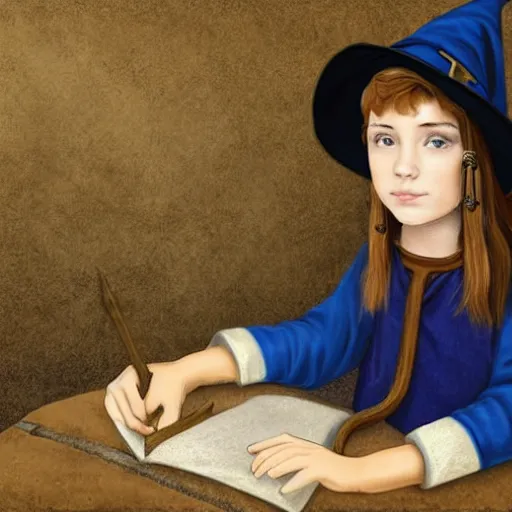 Image similar to young medieval girl wearing witch's hat and headphones sitting studying