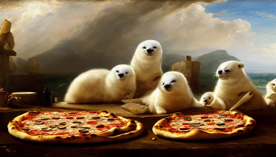 Image similar to highly detailed painting of cute furry white baby seals having a pizza party by william turner, by greg rutkowski, by william constable, thick brush strokes and visible paint layers, 4 k resolution
