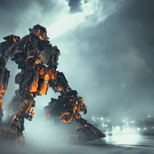 Image similar to failing mecha, dark messy smoke - filled cluttered workshop, dark, dramatic lighting, orange tint, cinematic, highly detailed, sci - fi, futuristic, movie still