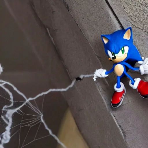 Image similar to sonic the hedgehog pilots a spider mecha, extremely detailed, climbing up a concrete wall, photorealistic,