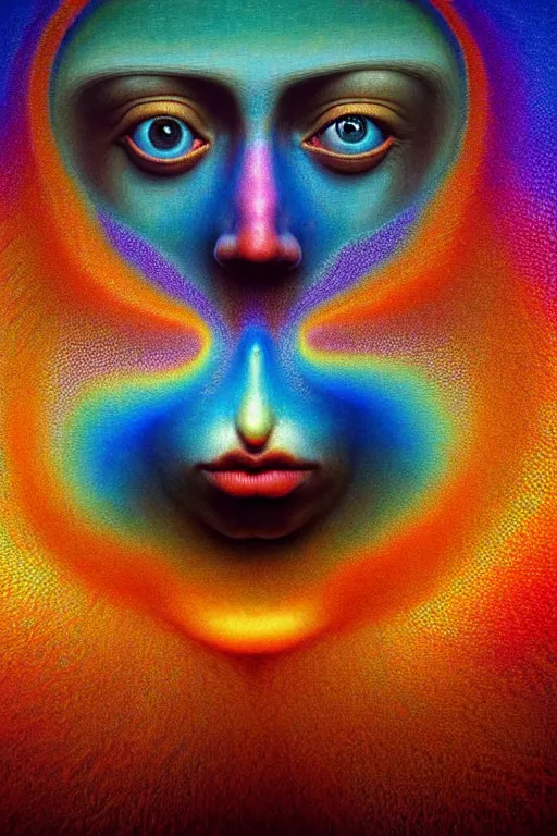 Image similar to hyperrealistic abstract close-up Renaissance psychedelic!! celestial happy! pure creature!! peaceful! kind spirit of nature! beautiful fractal!! eyes! highly detailed concept art eric zener elson peter cinematic hard rainbow lighting high angle hd 8k sharp shallow depth of field, inspired by Zdzisław Beksiński Salvador Dali