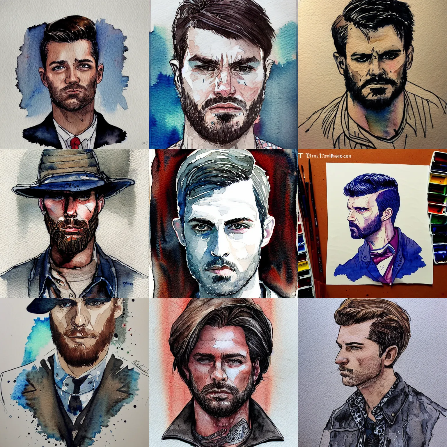 Prompt: masculine, intricate watercolor portrait by tim doyle