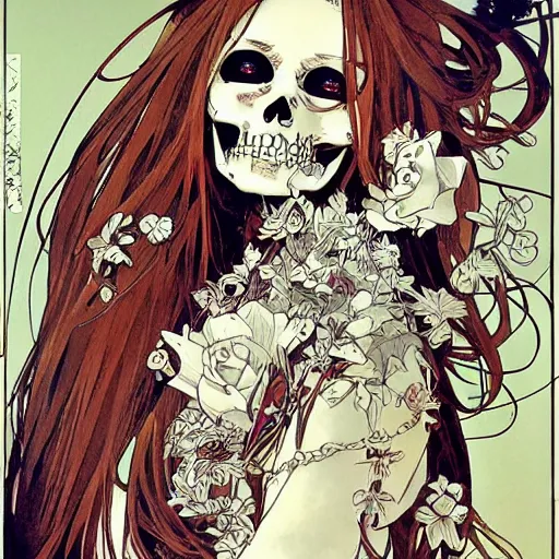 Image similar to anime manga skull portrait girl female skeleton illustration detailed patterns art Geof Darrow and Phil hale and Ashley wood and Ilya repin alphonse mucha pop art nouveau