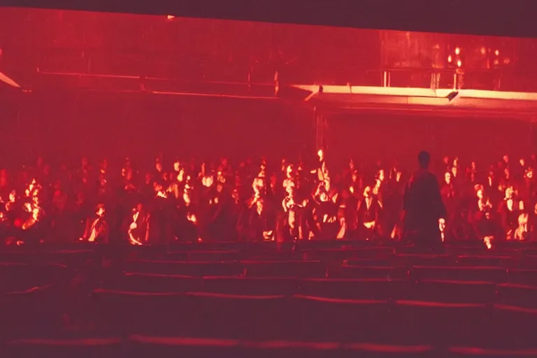 Image similar to a dark conference hall, people cheering at the man on stage, atmospheric and obscure, red neon light, by roger deakins, cinematography, syd mead, dave mckean