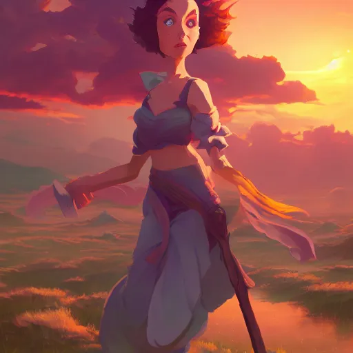 Image similar to peony leagallow, dungeons and dragons, sunset, behance hd by jesper ejsing, by rhads, makoto shinkai and lois van baarle, ilya kuvshinov, rossdraws radiating a glowing aura global illumination ray tracing hdr