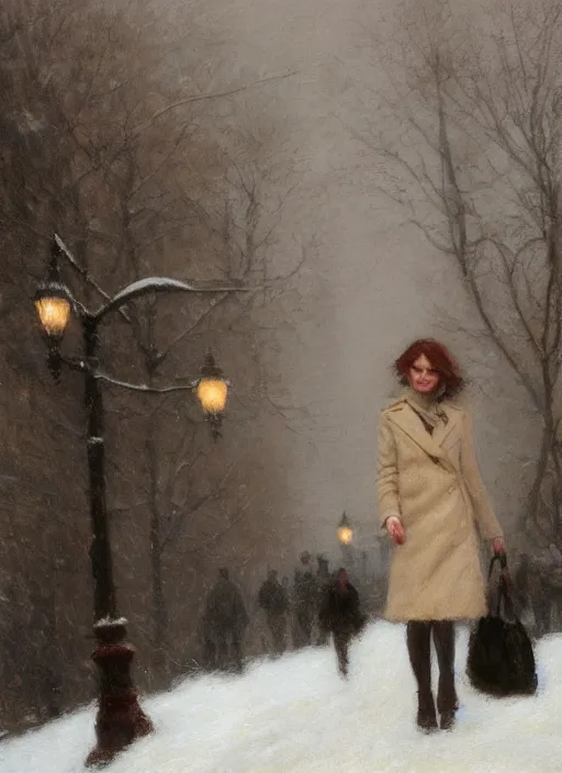 Image similar to emma stone in beige coat, portrait, walking in winter new york, snow, artwork by gaston bussiere, craig mullins, trending on artstation