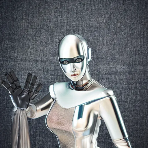 Prompt: boudoir, shiny chrome robot woman holding a blanket against herself, beautiful robot automaton