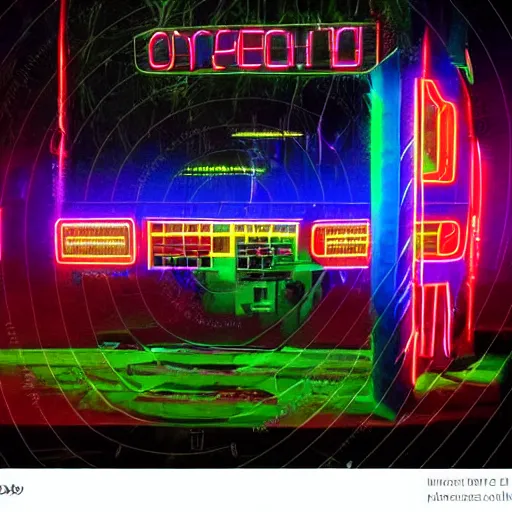 Image similar to cybernetic neon lit ndebele homestead seen from the front, street scene in blade runner