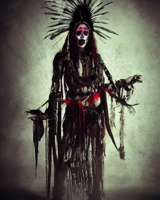 Image similar to lady native sisters ghost - spirit of the grim - warpaint wears the scarlet skull armor and native blood headdress feathers, midnight fog - mist!, cinematic lighting, various refining methods, micro macro autofocus, ultra definition, award winning photo, photograph by ghostwave - gammell - giger - shadowlord