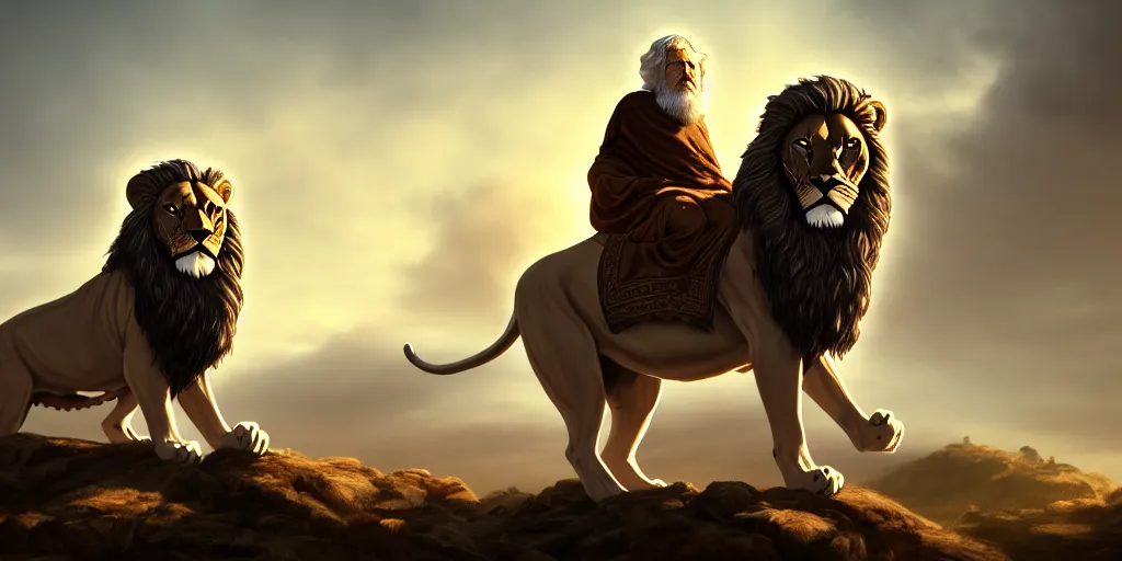 Image similar to hooded wise old man ( long white beard wearing a brown tunic ), riding majestically, on a beautiful lions back, epic digital art, cinematic, trending on artstation, superb detail 8 k, wide - angle, masterpiece