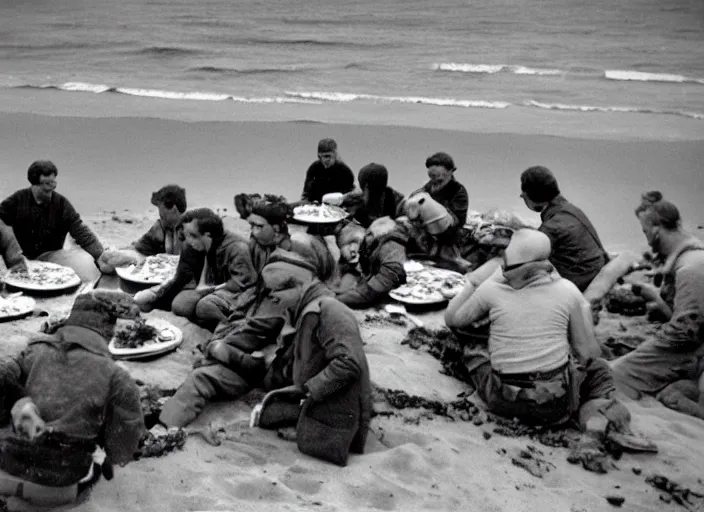 Image similar to vintage photo of a pizza party on omaha beach in normandy