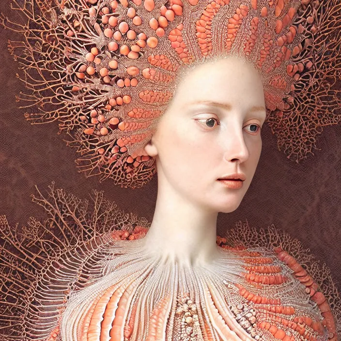 Prompt: photo portrait of a beautiful woman like a nynph-sea-angel, dressed in long elegant intricate ornamental coral and shells white dress, natural skin tone, intricate fractal highly detailed coral and shells ornament in the upper side of breast, bust with a very long neck , elegant, highly detailed intricate coral and shells ornament in her blond long hair, Realistic, Refined, Highly Detailed, Cinematic Lighting, fine art photography by Paolo Roversi, volumetric lighting, hyper realistic photography, dramatic colors scheme