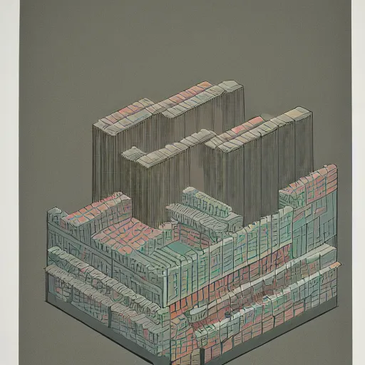 Prompt: a three color screen print of an isometric view of an anthropological conceptual object, ( ( ( ( brutalism ) ) ) ), anthropomorphic, fujifilm,