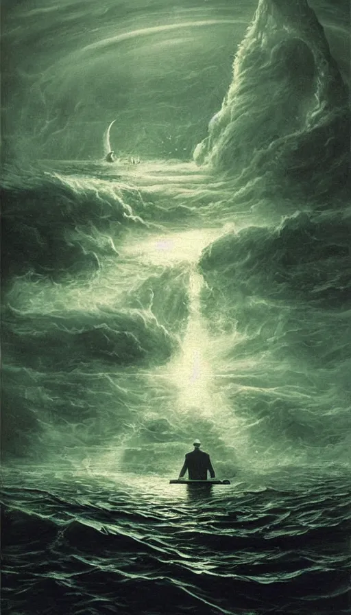 Image similar to man on boat crossing a body of water in hell with creatures in the water, sea of souls, by david a. hardy