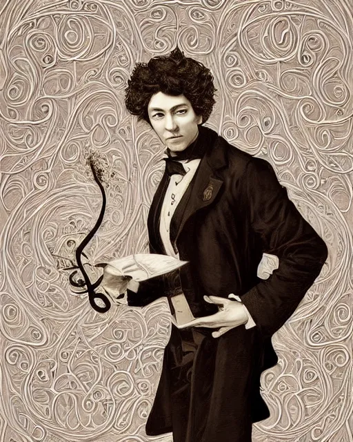 Image similar to a highly detailed portrait of poet Alexander Sergeyevich Pushkin as a devious male magician radiating a powerful energy aura, ornate back tuxedo, wispy tendrils of smoke, swirling vortex of energy, performance art, intricate, digital painting, old english, raining, sepia, particles floating, whimsical background by marc simonetti, art by artgerm and greg rutkowski and alphonse mucha