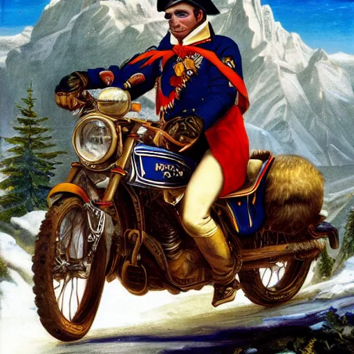 Image similar to Napoleon Crossing the Alps on a Harley Davidson