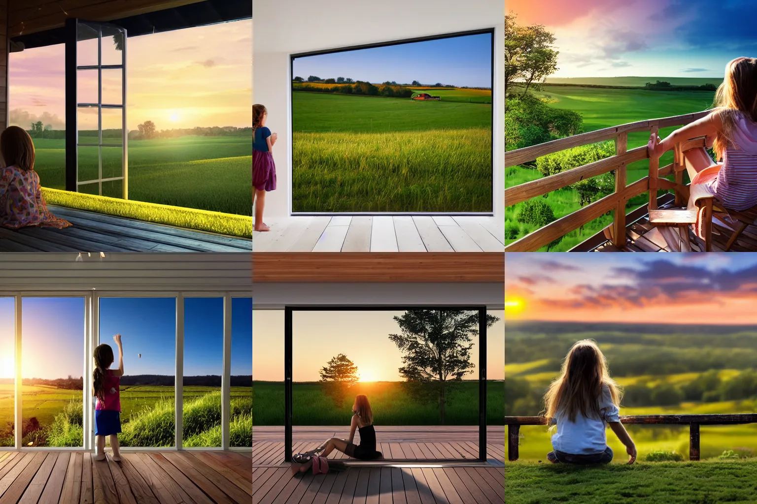 Prompt: a girl on the deck of her house looking into the wide field on the countryside during sunrise, photorealistic, cozy! dream a girl on the deck of her house looking into the wide field on the countryside during sunrise, photorealistic, cozy