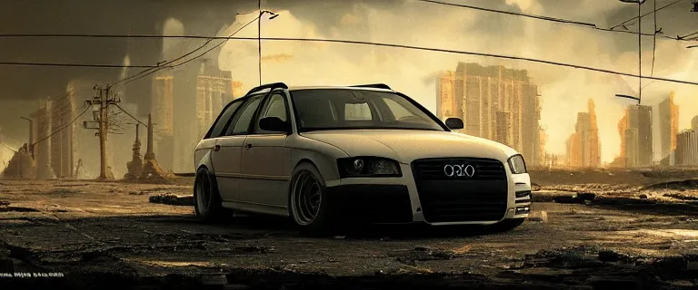 Prompt: Audi A4 B6 Avant (2002), a post apocalyptic, dramatic lighting, cinematic, establishing shot, extremly high detail, photorealistic, cinematic lighting, artstation, style by greg rutkowsky
