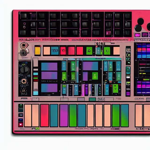 Image similar to psychodelic linocut of an Akai MPC 60. Drum pads, knobs, MPC, Maschine