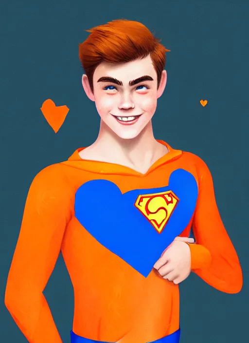 Image similar to friendly teenage archie andrews wearing an orange superhero costume with heart logo, heart, freckles, blue cape, heart emblem on chest, blue cape, intricate, elegant, glowing lights, highly detailed, digital painting, artstation, sharp focus, illustration, art by wlop, mars ravelo and greg rutkowski