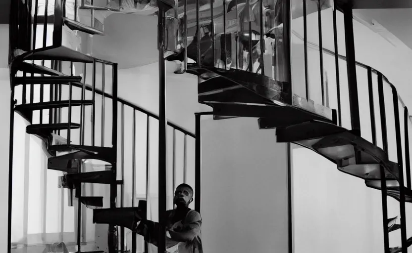 Image similar to frank ocean building a spiral staircase in the centre of the room, greyscale,